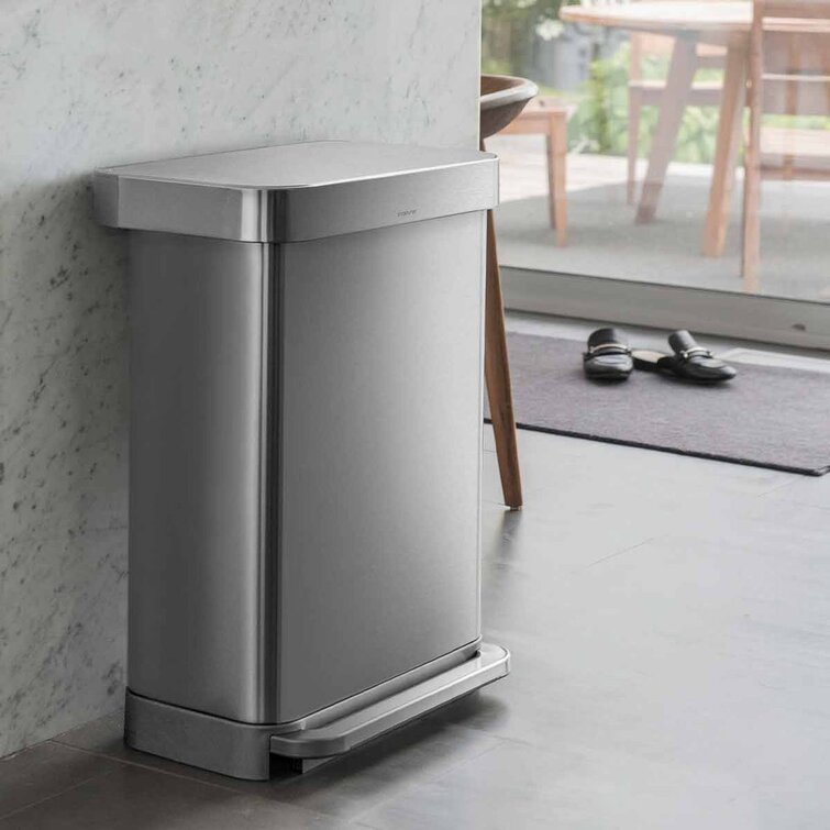 simplehuman 45L Rectangular Step Trash Can with Liner Pocket White Steel