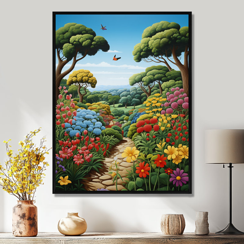 Chemin de campagne à travers un champ de fleurs en fleurs - campagne, art mural salon, Toile avec cadre flottant noir