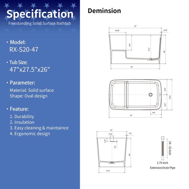 47" Freestanding Soaking Solid Surface Bathtub, Matte White