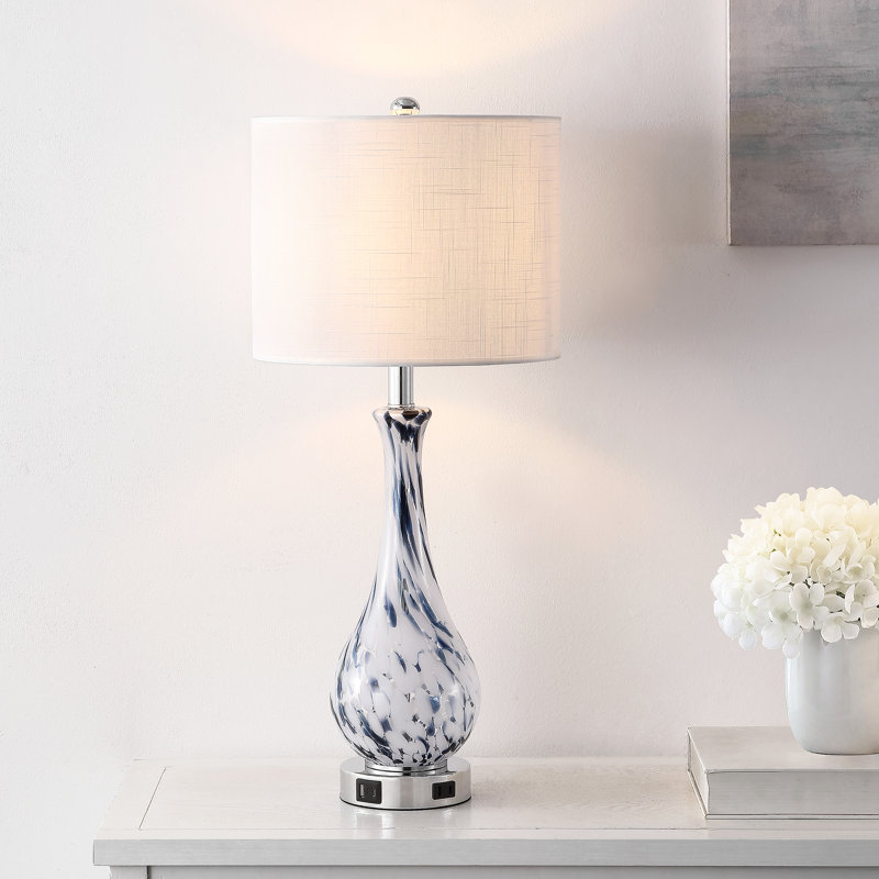 Darrius 27.5" Blue Glass Table Lamp with USB Type-C Ports and Built-in Outlet