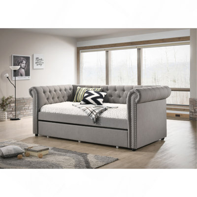 Luxueux 1pc Modern Aesthetic Magnifiquement touffeté à garniture cloutée Lit de jour Design Lit gigogne encastré encastré Espace de vie Chambre d'amis Gris tourterelle