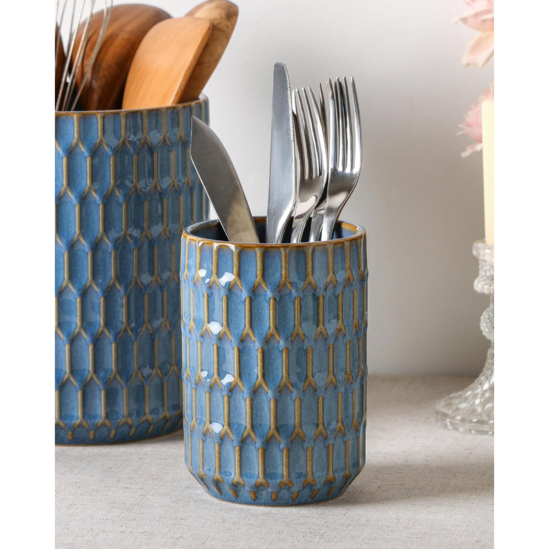 Ensemble de 2 pots à ustensiles en céramique (grand et petit) pour la cuisine, le comptoir ou une cuisine de style campagnard. Organisateur de pots à ustensiles épais et résistants.