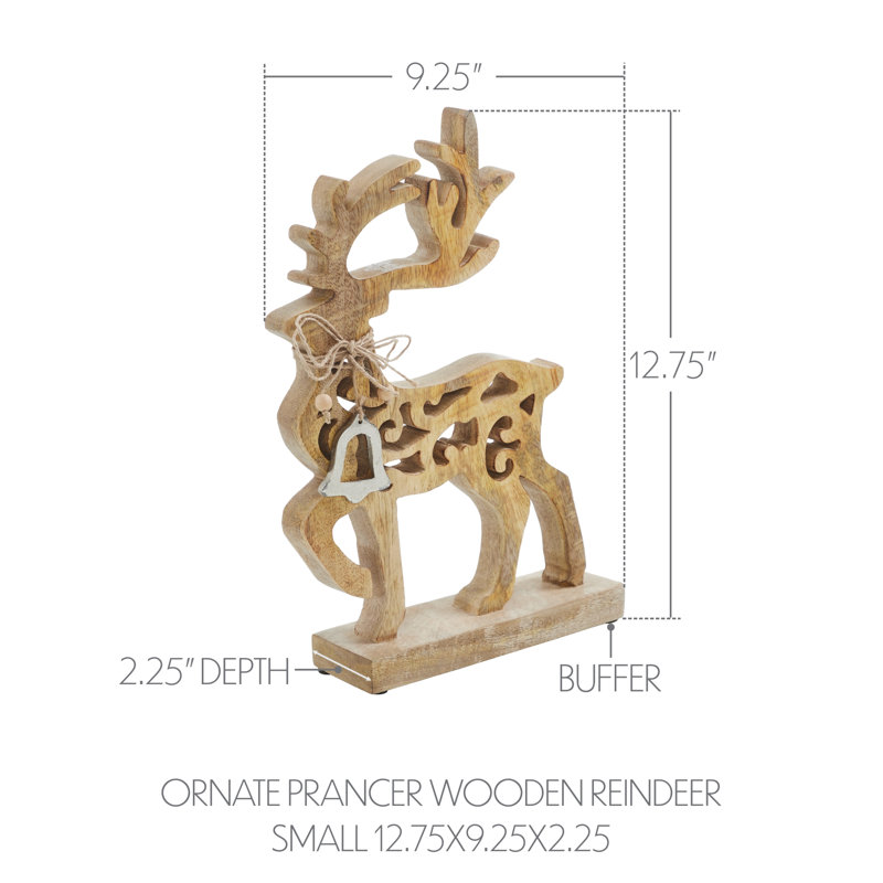 Grand renne en bois orné, H 12,75 po x l 9,25 po x P 2,25 po