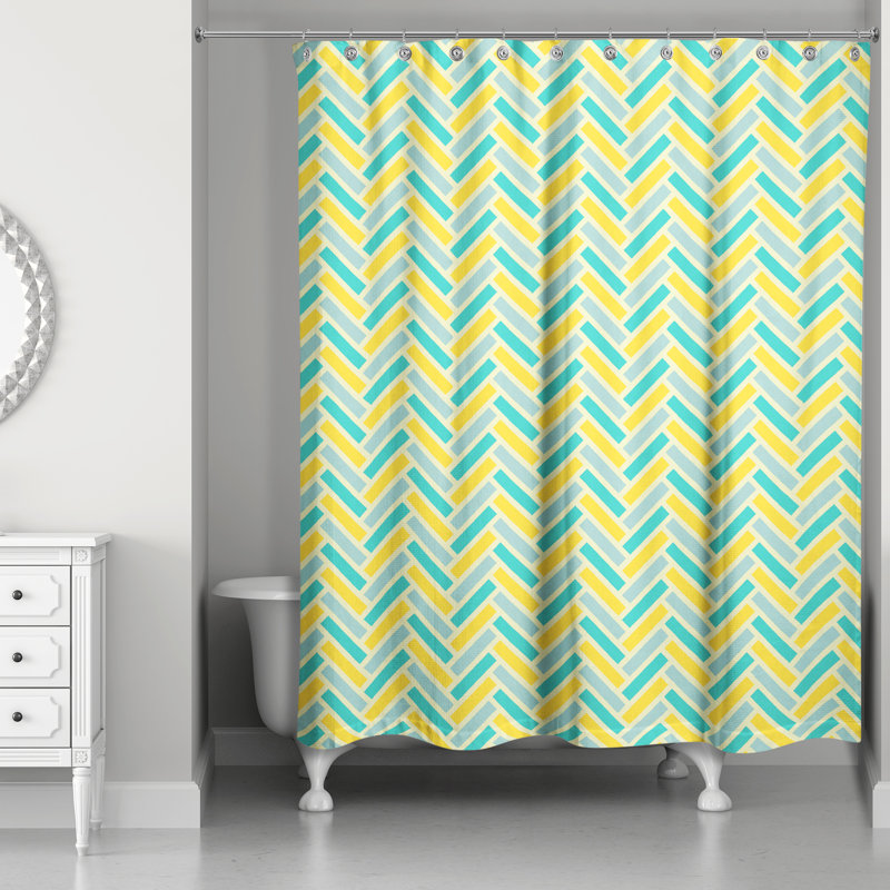 Rideau de douche jaune à chevrons bleu