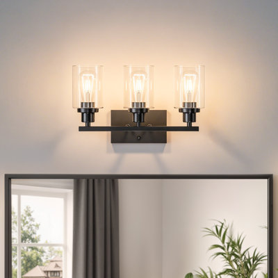 19.5 in. 3-Light Matte Black Vanity Light with Clear Glass Shades and Rectangular Backplate