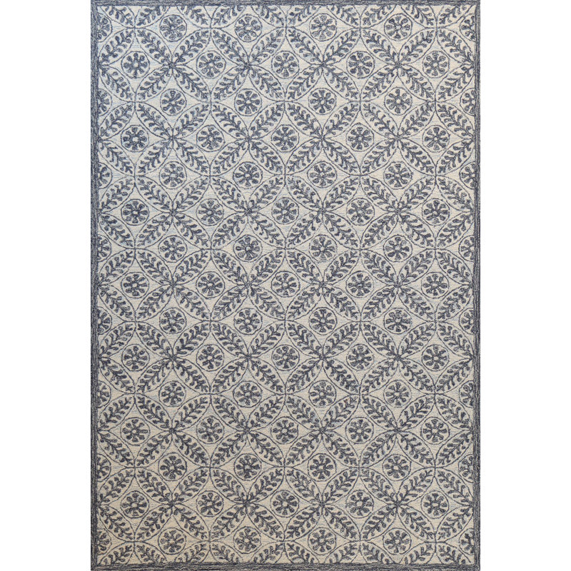 Ivory and Blue Hand-Tufted Wool Rectangular Area Rug 5' x 7'