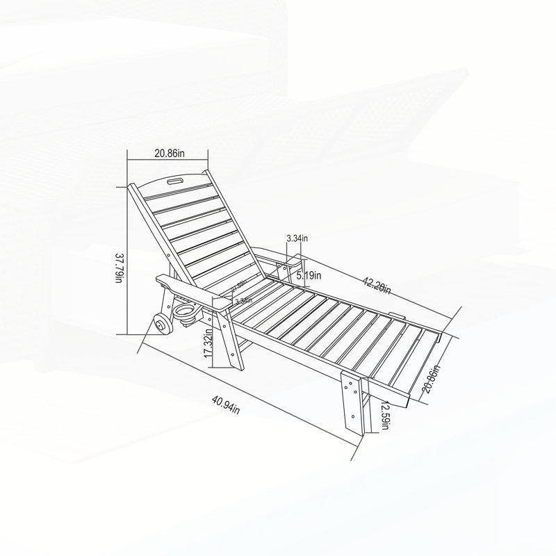 Ensemble de chaise longue surdimensionnée toutes saisons 3 pièces avec texture en bois, 5 positions, roues et porte-gobelet