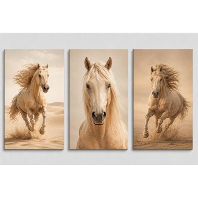 Grand ensemble de 3 reproductions d'art sur toile de style cheval bohème beige, art animalier occidental, décoration rustique moderne pour le salon, le bureau de la chambre à coucher, impression sur toile 16 x 24 pouces - prête à être accrochée