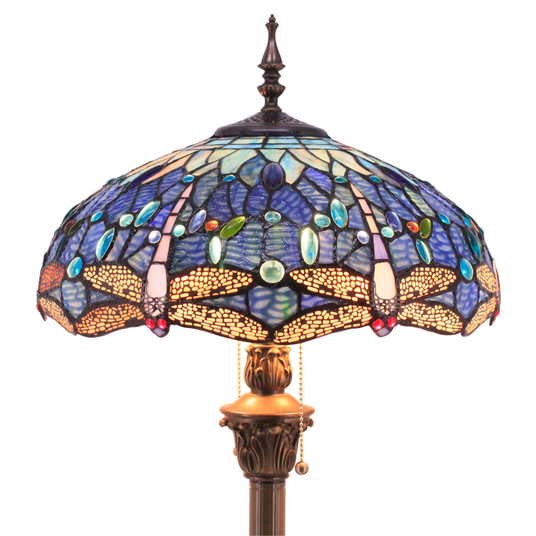 Tiffany Floor Lamp LED Bright Standing Reading Light 64" Tall Blue Stained Glass Dragonfly Shade Bloomsbury Market