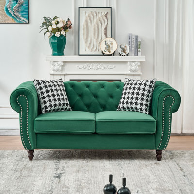 67"Chesterfield ‌Velvet Upholstery Fabric Sofa With Roll Armrest & Nailhead,Upholstered Mid Century Modern Couch,2 Seater Couch For Living Room, Office, Apartment, Green