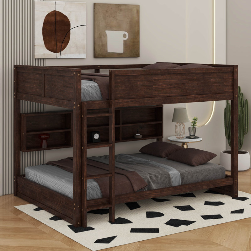 Queen Over Queen Bunk Bed With Cabinets,Charging Station,Ladder And Safety Guardrails, Brown