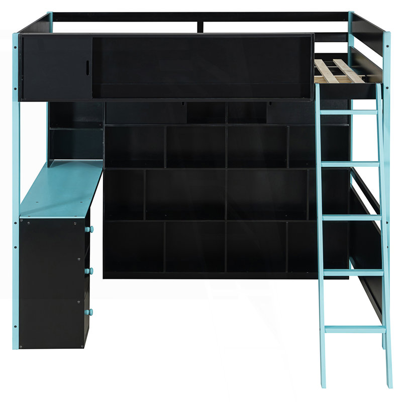 Lit mezzanine double avec bureau et lumière, Bleu