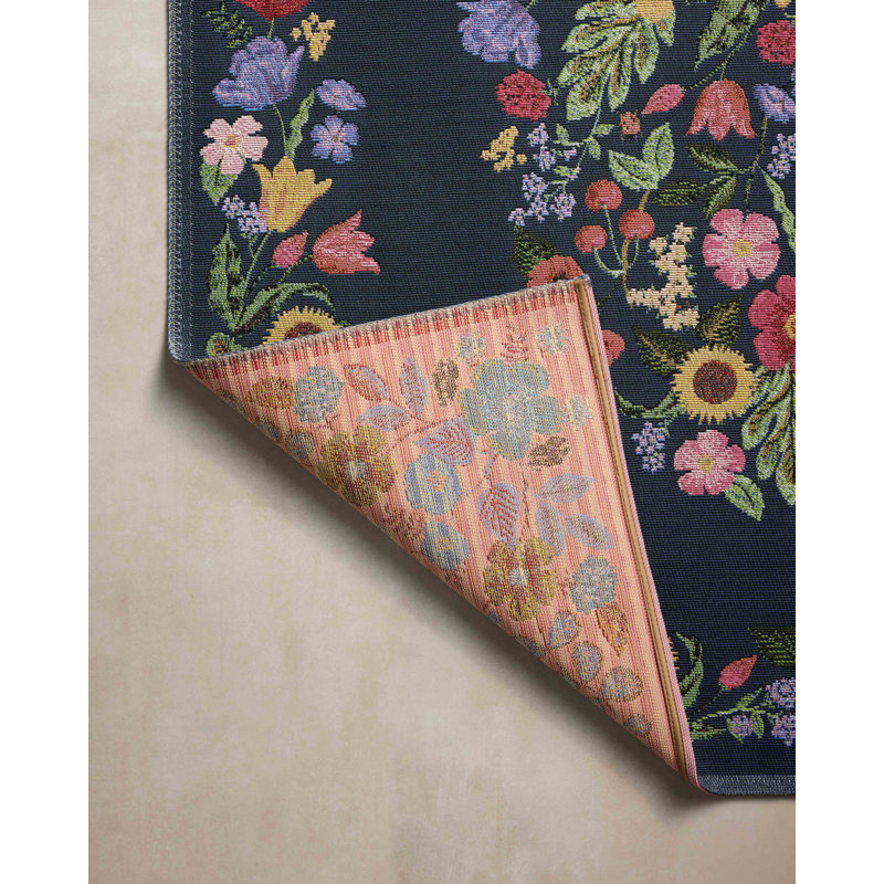 Navy Floral Wool and Synthetic Runner Area Rug 2'-5" x 7'-8"