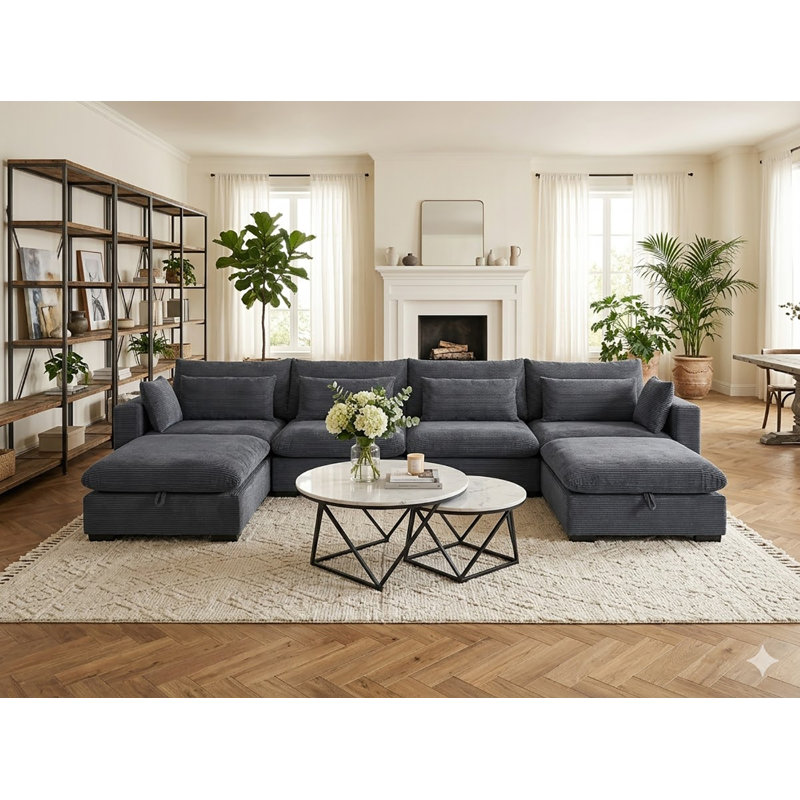 Oversized Corduroy Modular Sectional Sofa With Storage Ottomans, Gray Polyester Blend