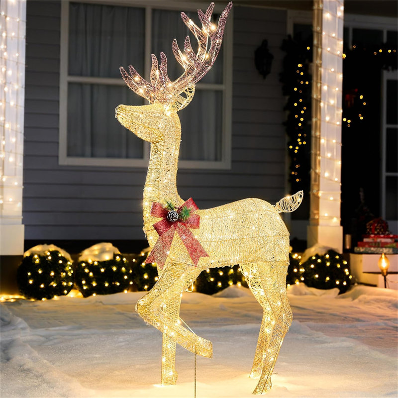 Décoration de jardin d'extérieur 5,5 pi Renne 5,5 pi, 150 lumières de jardin de cerf de Noël éclairées pour pelouse de jardin, décor de bouc doré