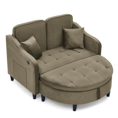 Canapé deux places avec repose-pieds de rangement incurvé, port de chargement USB, dossier réglable et poches latérales, incluant 2 coussins décoratifs, canapé rembourré pour salon et appartement, brun
