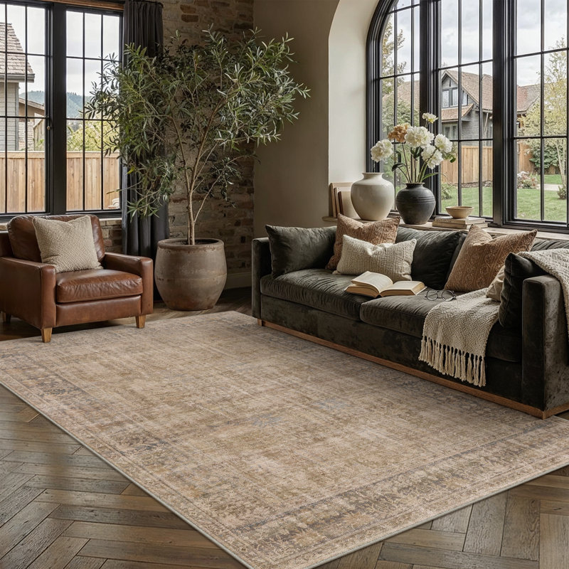 Tapis lavable rétro pour salon Ezra, Brun, Rectangle 6' x 9'
