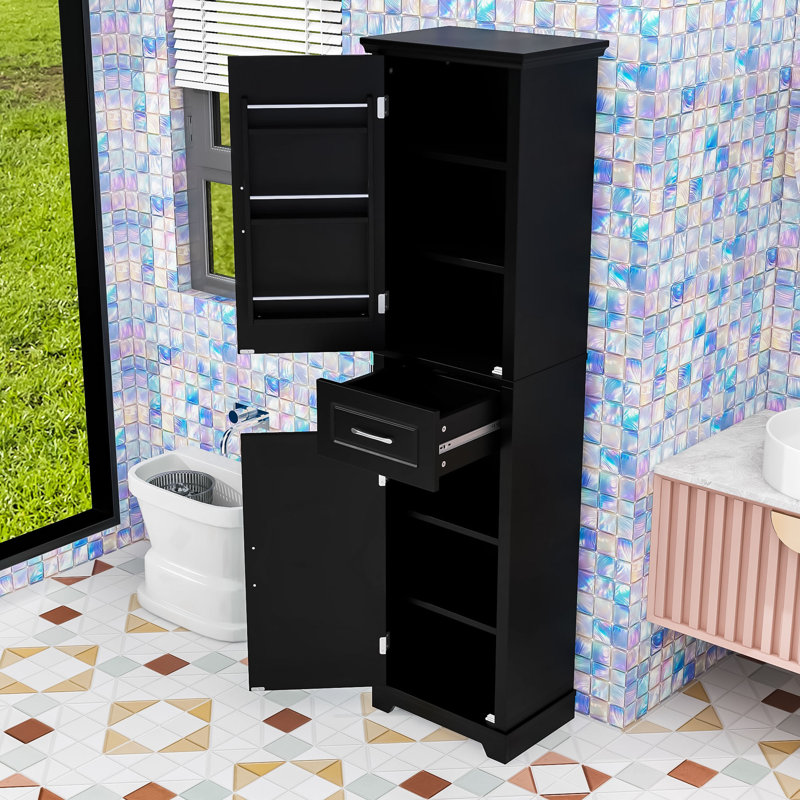 Minimalist Bathroom Storage Cabinet with Drawer, Adjustable Shelves and Anti-Toppling Design, Black