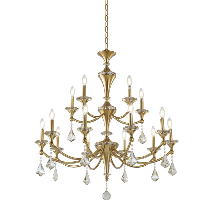 15-Light Satin Brass Chandelier With Clear And Champagne Crystals, Brown, Champagne