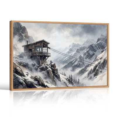 Art mural sur toile, "Snowy Mountain Cabin on Rocky Cliff"