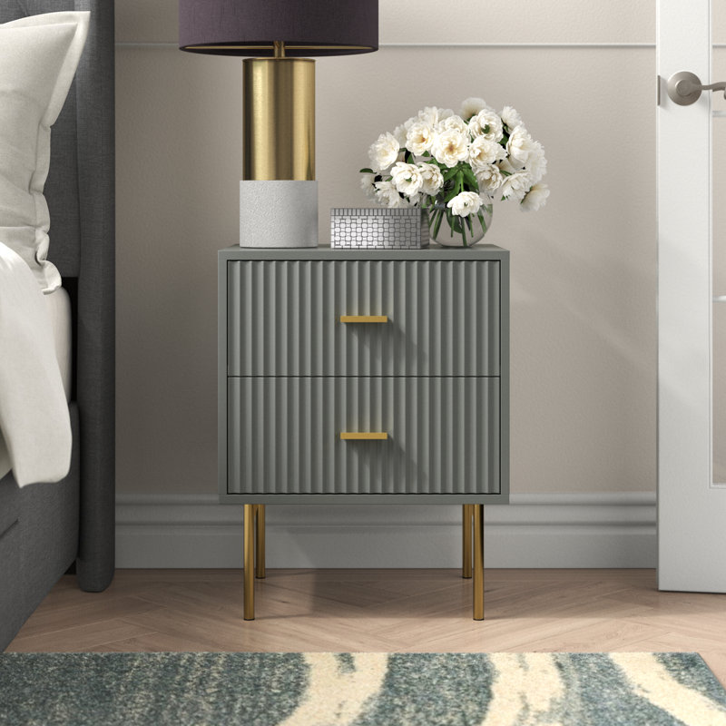 Alexandera 19.7" W 2-Drawer End Table with Metal Legs, Gray/Gold