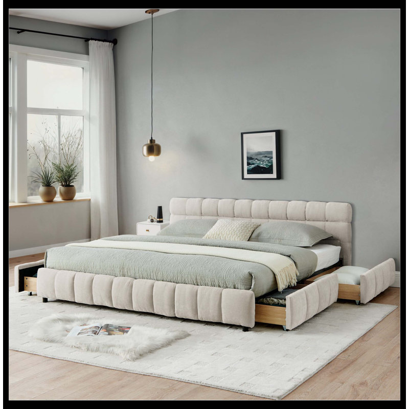 Structure de lit tapissier avec tête de lit et tiroirs de rangement California Chenille, Beige