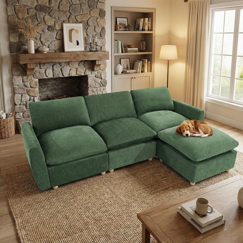 100" Modular L-shaped Sectional Sofa, Chenille Couch With Movable Ottoman For Living Room, Chenille - Green