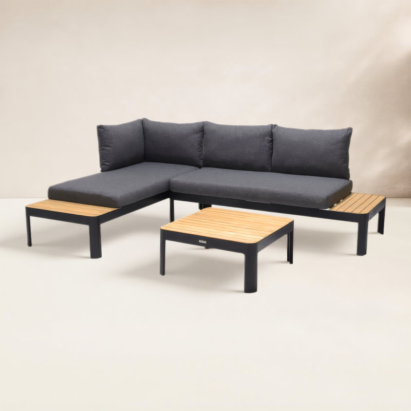 Ensemble de conversation d'extérieur en teck 3 pièces Brix FSC, Coussin gris / cadre noir