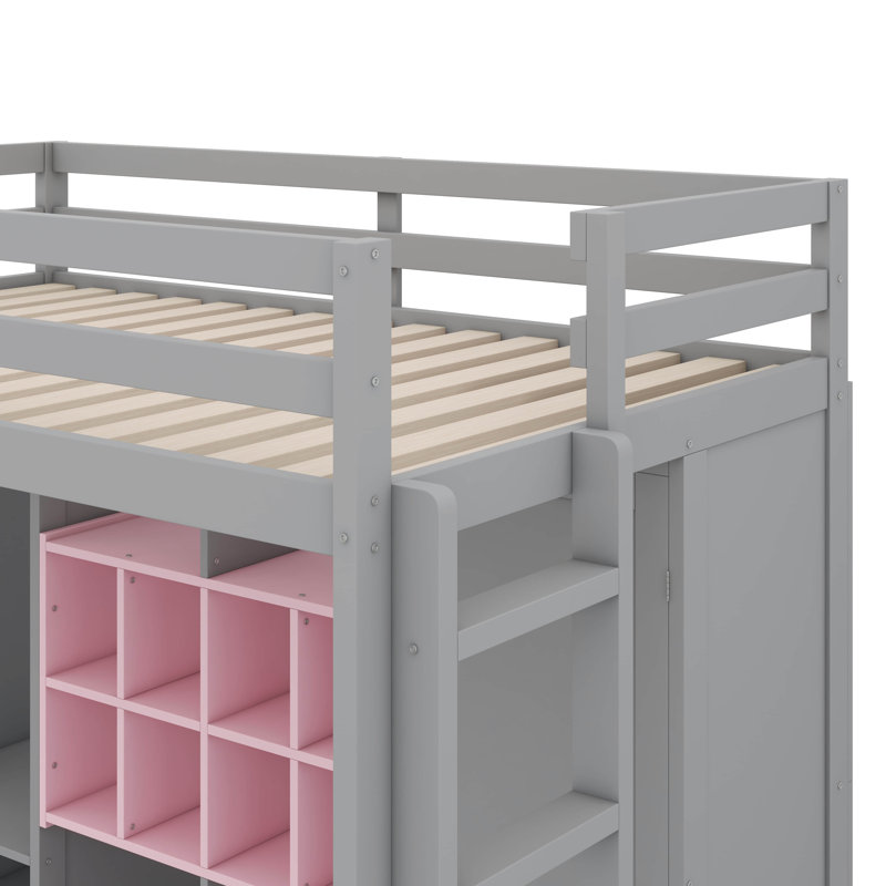 Lit mezzanine simple avec garde-robe intégrée, tablettes, armoire et marches, Gris / Rose