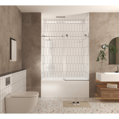 Shower Door 56 - 60" W X H, 1/4" Clear Tempered Glass, Proof Covering Film, Stainless Steel Comfort Grasp Handle, Brushed Nickel Look Water Blocking Lip For Dry Area Wrapping, Touch Appearance Strip
