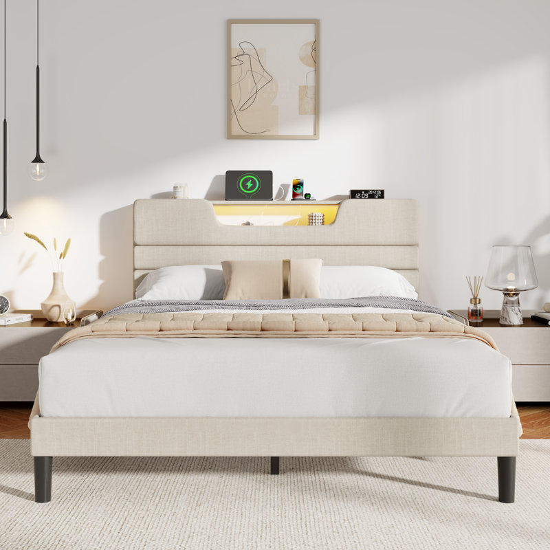 Upholstered Bed Frame with 2 Storage Drawers, Modern Queen Platform Bed with Charging Station & LED Light, No Spring Box Needed