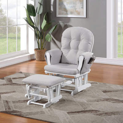 Fauteuil coulissant et repose-pieds en bois blanc et tissu gris tissé