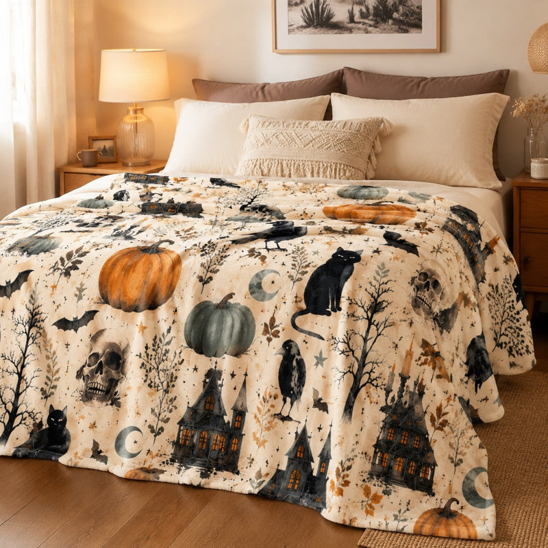 Couverture polaire à motif citrouille d'Halloween, chat noir, corbeau et crâne, jeté gothique effrayant pour canapé, chambre, salon, décoration intérieure