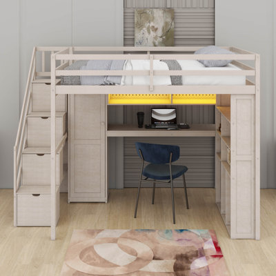 Structure de lit mezzanine avec bureau d'étude intégré et lumières DEL, lit mezzanine en bois avec garde-robe, tablettes de rangement