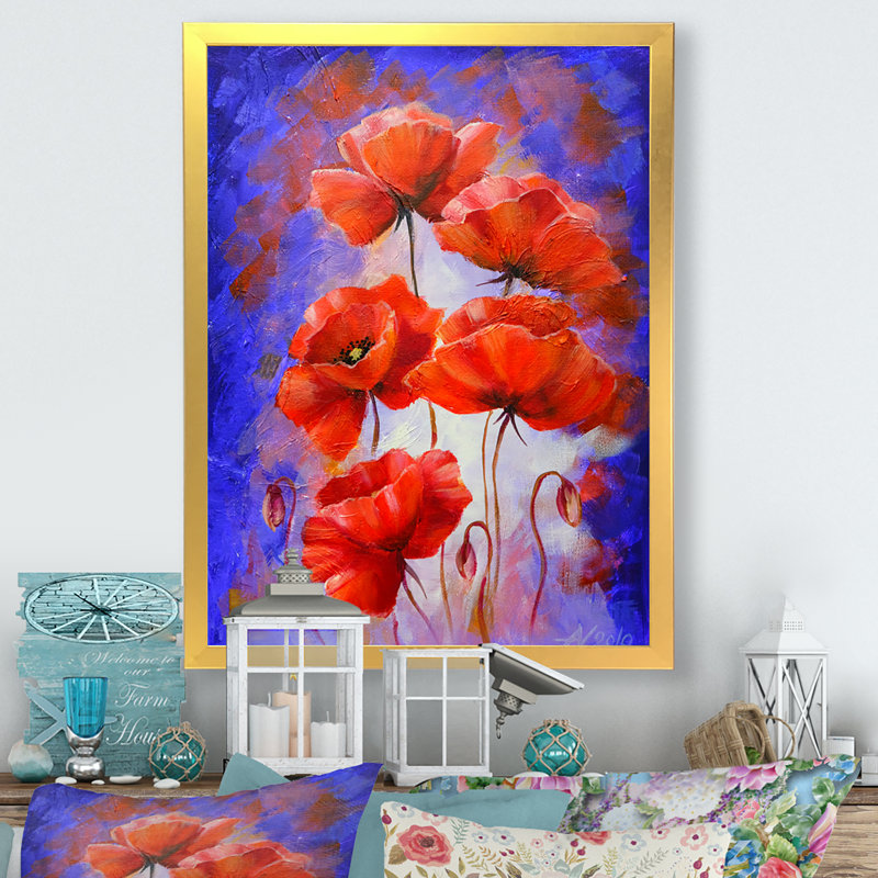 «Abstract Red Poppies at Sunline», reproduction d'art sur toile encadrée, Toile avec cadre photo doré