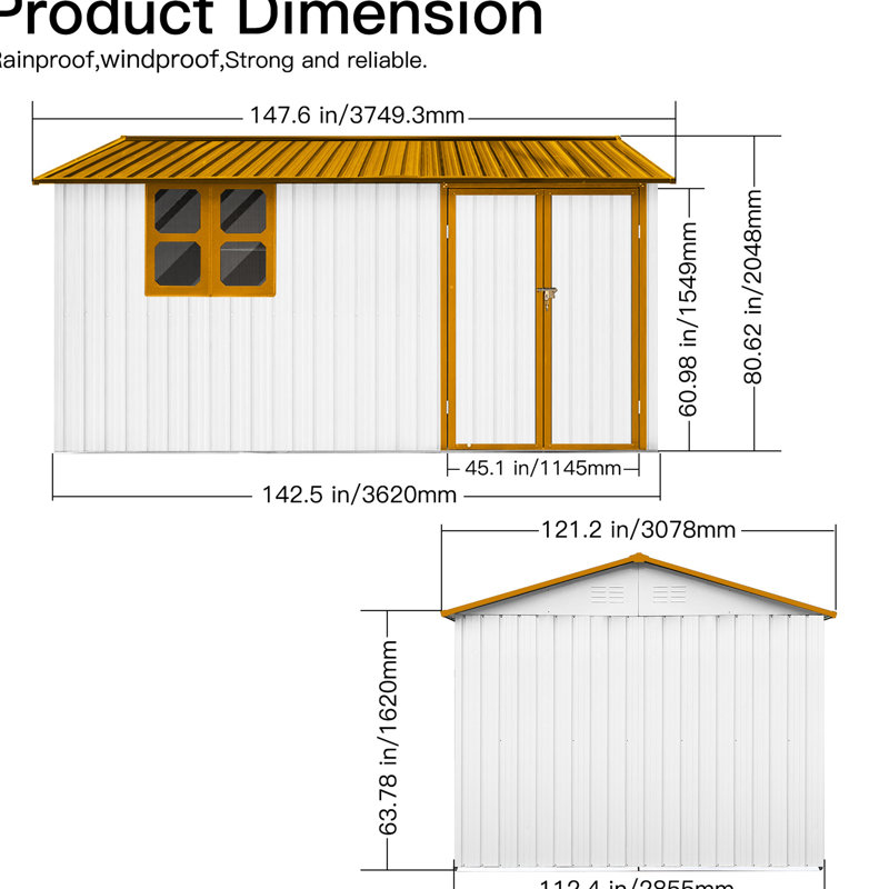Abri de jardin en métal 10 pi x 12 pi - Construction solide, toit imperméable, rangement pour portes et fenêtres verrouillables pour l'extérieur, avec évent