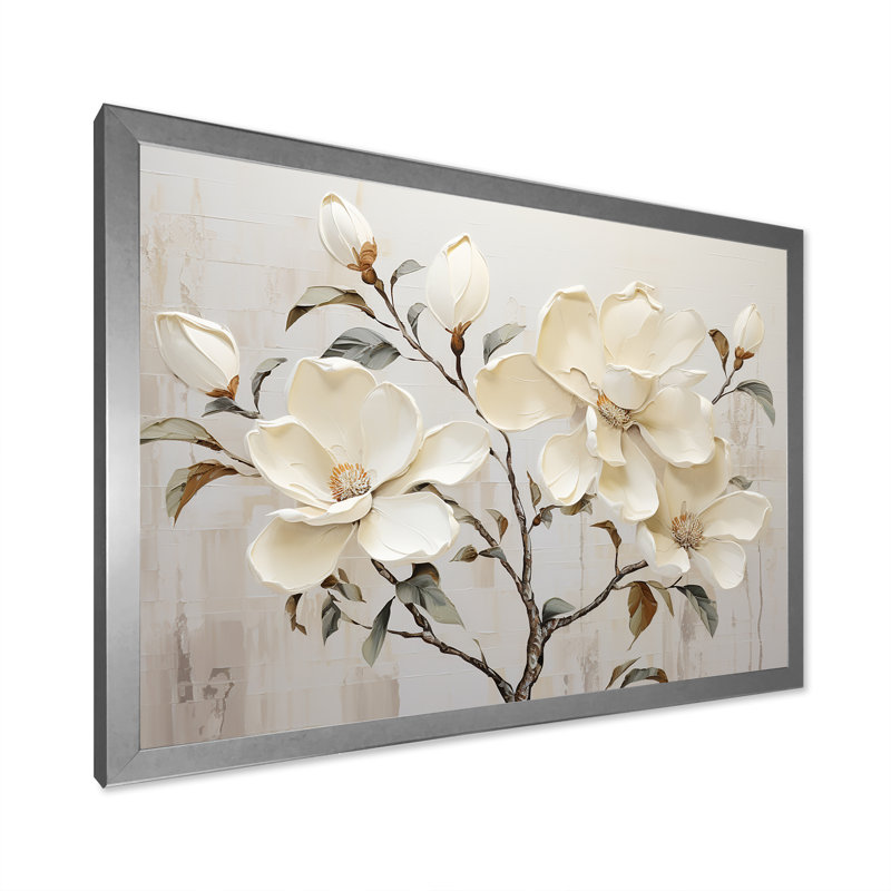 Fleur de magnolia beige et vert - art mural Magnolias, H 30 po x l 40 po x P 1,5 po, Cadre flottant brun
