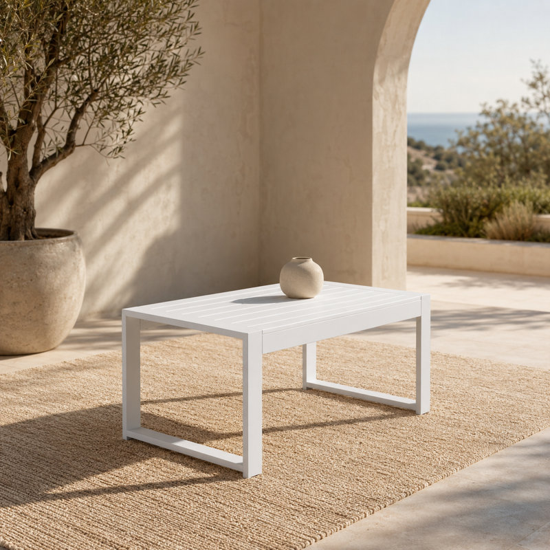 Table basse d'extérieur en aluminium avec plateau en polyrésine et assemblage facile, blanc, Aynura, Blanc