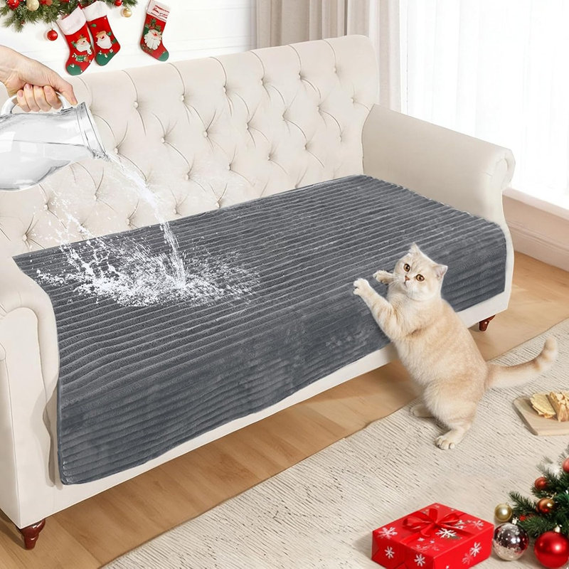Housse de canapé imperméable à rayures en flanelle, protection antidérapante pour canapé pour animaux, tapis lavable pour chiens et chats, gris foncé