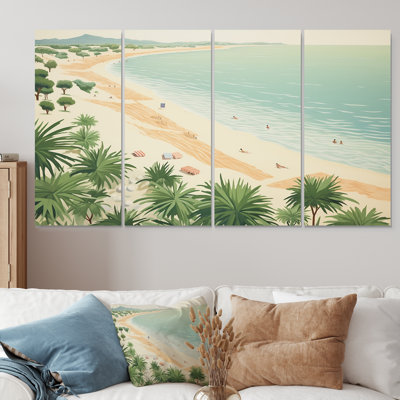 Palmiers Serene Ocean Holiday Beach Retro Colors - Art mural de plage et océan pour le salon, 4 pièces