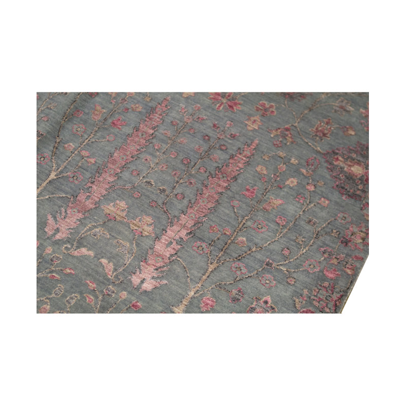 Tapis gris et rose noué à la main de haute qualité