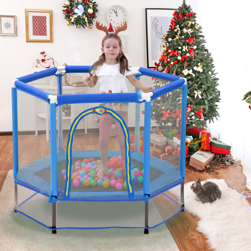 Trampoline hexagonale pour enfants avec enceinte sécuritaire, Blue