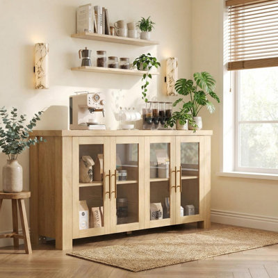 59" Buffet Cabinet with Storage, Sideboard Credenza with Tempered Glass Doors, 4 Doors Wood Buffet Table for Living Room, Dining Room, Kitchen, Wood Color