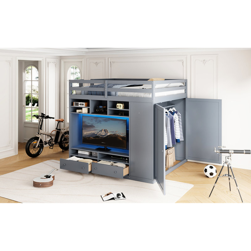 Lit mezzanine double gris avec tiroirs, tablettes et garde-robe spacieux pour économiser de l'espace, Gris