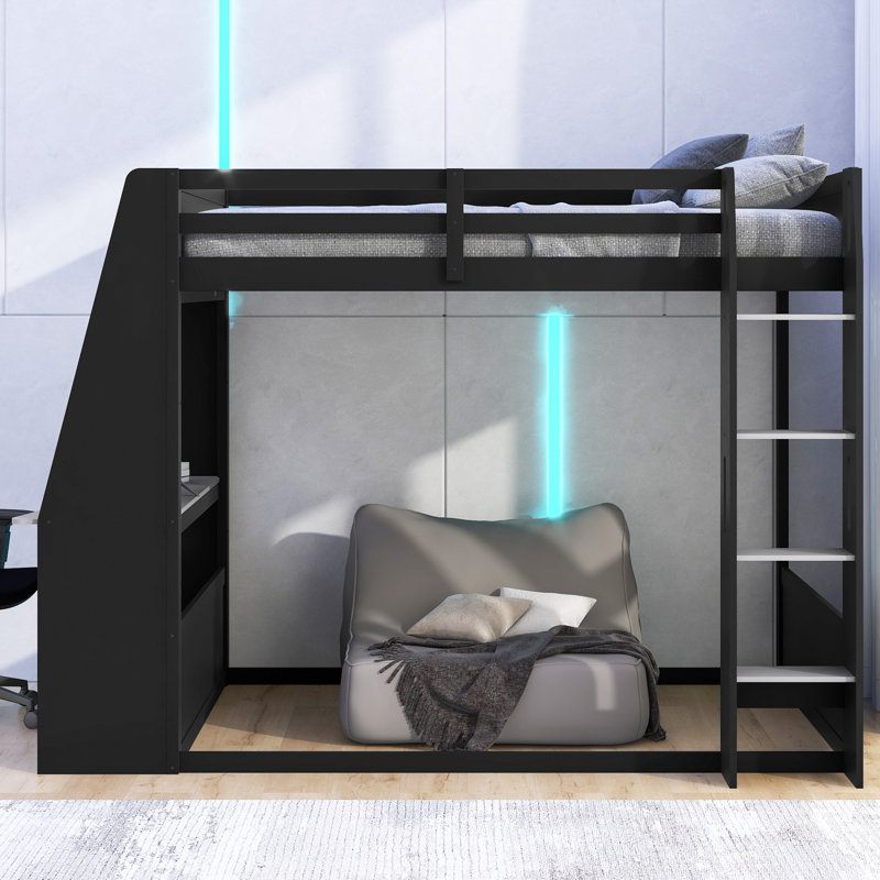 Lit superposé double en bois pleine grandeur avec bureau, tablettes, port de charge USB et lumière DEL, lit mezzanine avec rangement, pas de sommier