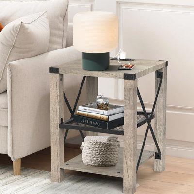 Eidelweiss Tall End Table Nightstand with 2 USB Ports, 2 Power Outlets, and 2 Storage Shelves
