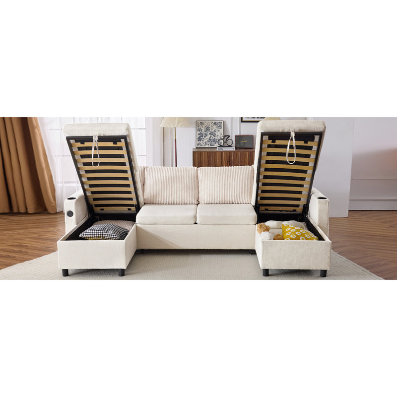 113.4" Sectional Sofa Pull-Out Sofa Bed Versatile Sofa Sleeper With Large Storage Space, Two USB Ports And Two Cup Holders For Living Room