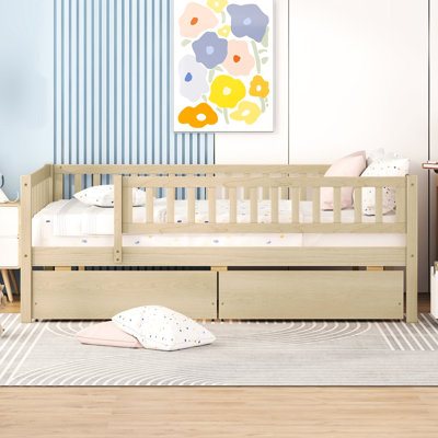 Lit de jour pleine grandeur Lit en bois avec deux tiroirs - Pin naturel et espace de rangement Compartiments de rangement supplémentaires multifonctionnels pour différents espaces Assemblage facile, concept d'économie d'espace, chambre à coucher