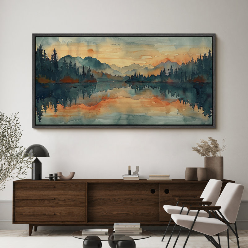 «Abstract Landscape», orange, vert, paisible, lac, forêt, très grande œuvre d'art, photo murale encadrée, H 30 po x l 60 po