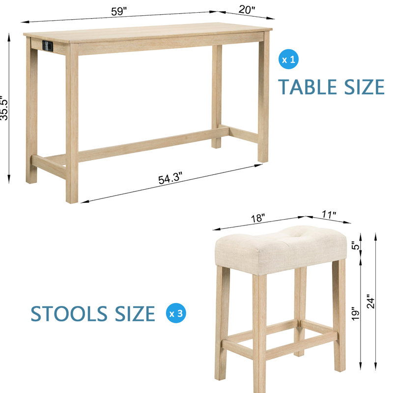 Table de bar 4 pièces avec prises et chargeurs, 3 tabourets rembourrés en chêne, placement derrière, surface en imitation bois, assises confortables en chêne, type C, assises en lin respirant, revêtement en caoutchouc